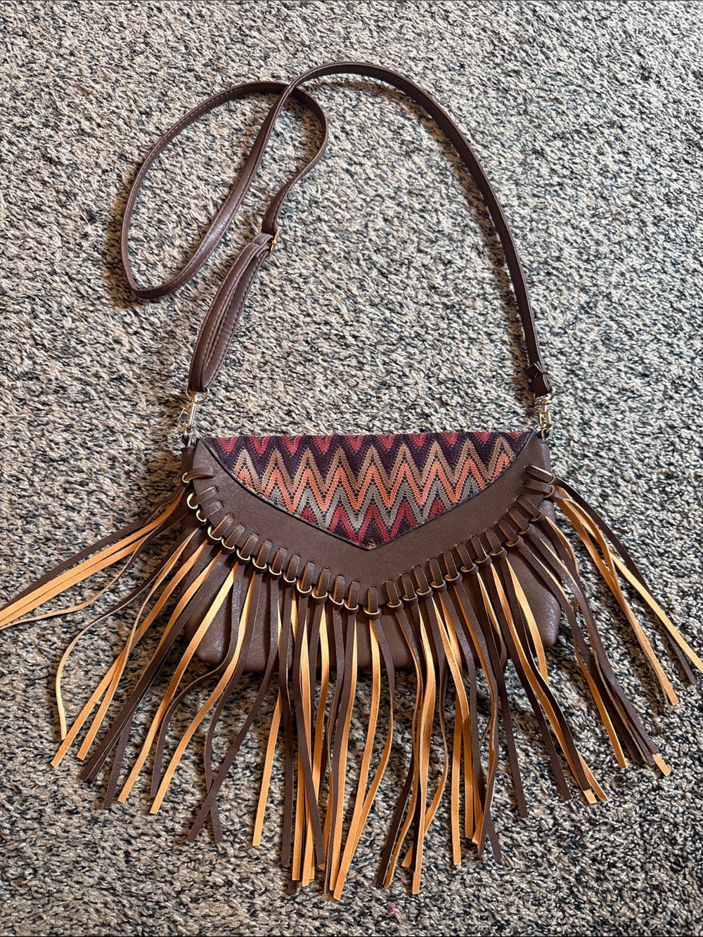 Brown Fringe Crossbody Bag with Chevron Accent